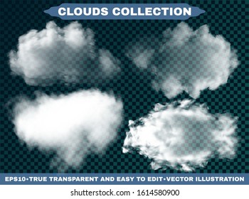 Realistic clouds on a blue heavenly backdrop. Graphic template with soft colors. Vector illustrations set. White transparent, isolated elements for design. Smoke or thunderclouds.