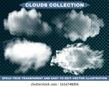Realistic clouds on a blue heavenly backdrop. Fresh template with soft colors. Vector illustrations set. White transparent, isolated elements for design. Smoke or thunderclouds.