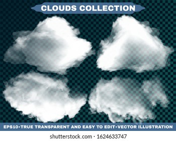 Realistic clouds on a blue heavenly background. Vector illustrations collection. Colorful template with soft colors. White transparent, isolated elements for design. Thunderclouds or smoke.