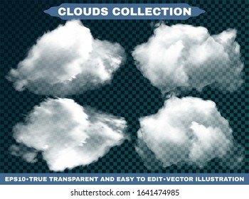 Realistic clouds on a blue heavenly backdrop. Light template with soft colors. Vector illustrations kit. White isolated, transparent elements for design. Smoke or thunderclouds.