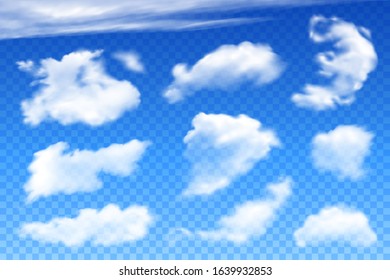 Realistic clouds on blue transparent background. Vector design elements for creating sky cards, poster or banners. Cloudy effect.