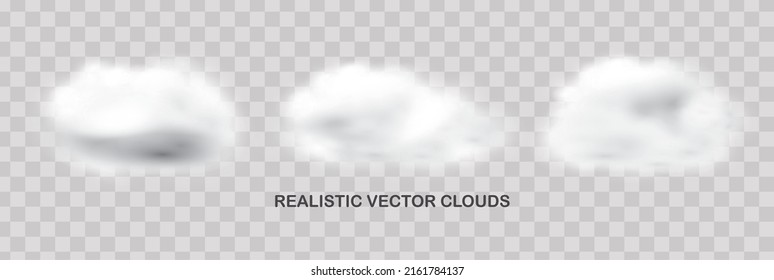 Realistic clouds on a transparent background. Set of 3d realistic clouds. Fluffy clouds isolated on transparent background. Drag and drop for your illustration. Vector illustration 