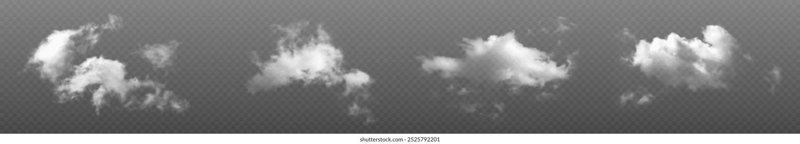 Realistic clouds on a transparent background. Volumetric 3D image of clouds in the sky. Transparent objects of smoke or fog. Vector image. EPS 10. 