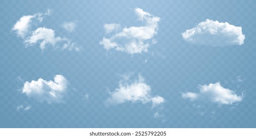 Realistic clouds on a transparent background. Volumetric 3D image of clouds in the sky. Transparent objects of smoke or fog. Vector image. EPS 10. 