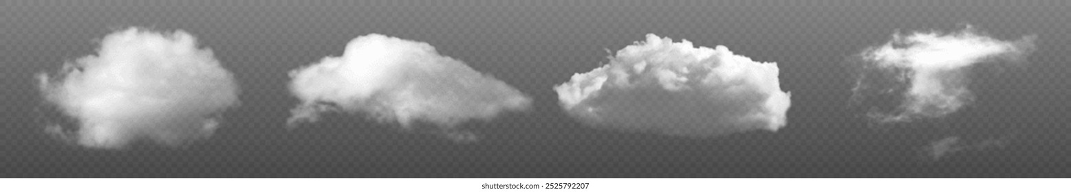 Realistic clouds on a transparent background. Volumetric 3D image of clouds in the sky. Transparent objects of smoke or fog. Vector image. EPS 10. 