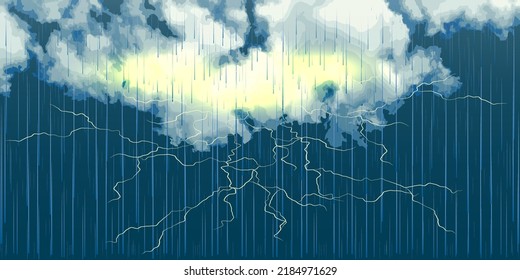 Realistic clouds with rain and lightning.Vector illustration.