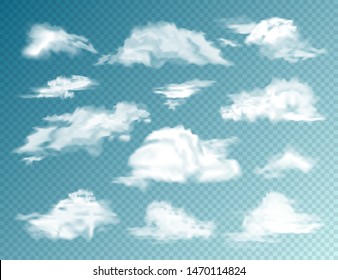 Realistic Clouds Set. Isolated Cloud on Transparent Background. Sky Panorama. Vector Design Element
