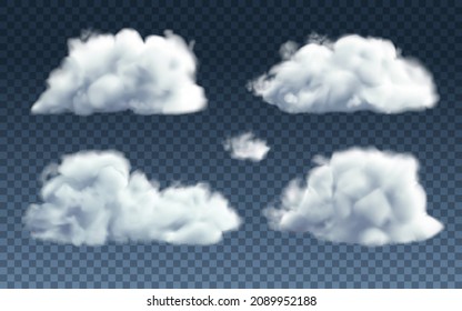 Realistic clouds set isolated on transparent background. Vector fluffy smoke collection in a blue sky.