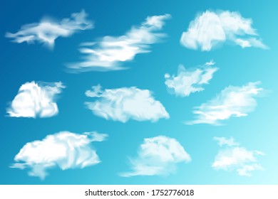 Realistic Clouds Set. White cloud. Blue Sky Panorama. Vector Illustration.