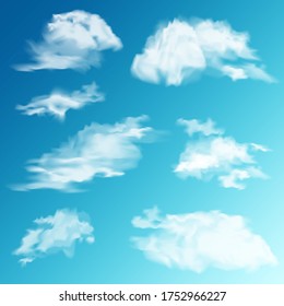 Realistic Clouds Set. White cloud. Blue Sky Panorama. Vector Illustration.