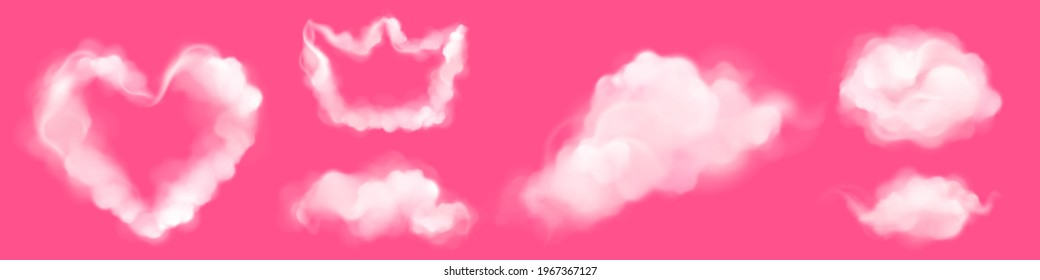 Realistic clouds in shape of heart and crown. Fluffy spindrift or cumulus eddies flying isolated on pink background, weather and nature, meteorology and climate design elements, 3d vector icons set