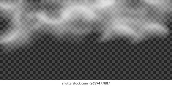 Realistic clouds, smoke, fog, cloudiness, smog, light steam over hot drinks and dishes, smoke from a fire, candles, vape, vector illustration on a transparent background