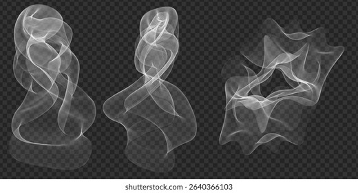 Realistic clouds, smoke waves, effect Vector illustration. Steam, haze, fog over water, barbecue, hot drinks, food, cloudiness, smog, light steam, smoke from fire, candles on transparent background