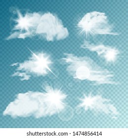 Realistic Clouds With Sun Collection. Isolated Cloud on Transparent Background. Sky Panorama With Sunlight Flare. Vector Design Element.