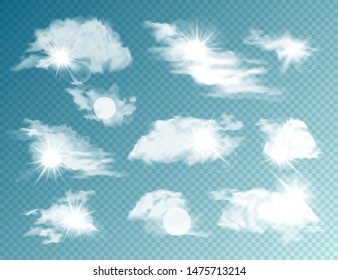 Realistic Clouds With Sun Collection. Isolated Cloud on Transparent Background. Sky Panorama With Sunlight Flare. Vector Design Element.