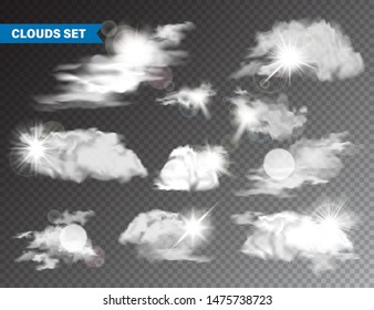 Realistic Clouds With Sun Collection. Isolated Cloud on Transparent Background. Sky Panorama With Sunlight Flare. Vector Design Element.