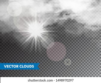 Realistic Clouds with Sun Flare. Isolated Cloud on Transparent Background. Sky Panorama. Vector Design Element.