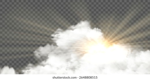 Realistic clouds with sunny rays, sunny cloudy sky. Vector glow light effect with cloud, smoke, fog. Sunlight cloud texture transparent background