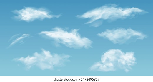 Realistic clouds. White 3d summer cloud in various shapes on blue sky background. Vapor rainclouds, noon mist clouding isolated vector set