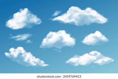 Realistic clouds. White 3d transparent cloud in various shapes. Vapor rainclouds, night mist clouding isolated vector set. Outdoor floating cumulus cloudscape, summer or spring blue sky