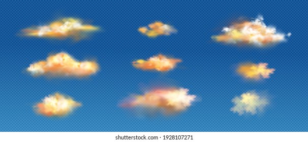 Realistic clouds of yellow or orange colors, sunset or sunrise fluffy spindrift or cumulus eddies flying weather and nature design elements isolated on transparent background, 3d vector icons set