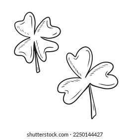 Realistic clover in black isolated on white background. Hand drawn vector sketch illustration in doodle engraved vintage outline style. St. Patrick's day, lucky, botanical, plant, three, four leaves,