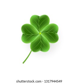 Realistic Clover leaf icon for St. Patricks Day holiday. Lucky shiny flower isolated on white background. Vector illustration