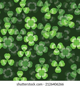 Realistic clover trefoil leaf seamless green pattern vector shamrock template for St. Patrick's day. 