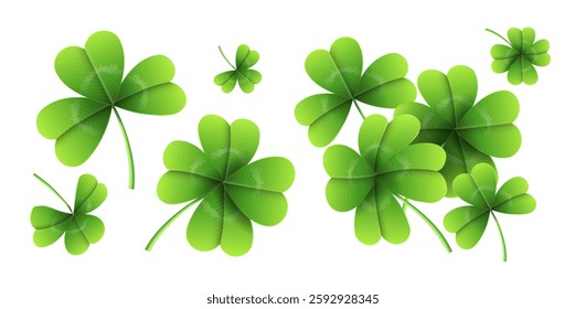 Realistic clovers composition. Traditional Irish symbol of luck and fortune. Celtic holiday and festival. Goodluck plant. Natural leaves and foliage. Isometric vector illustration