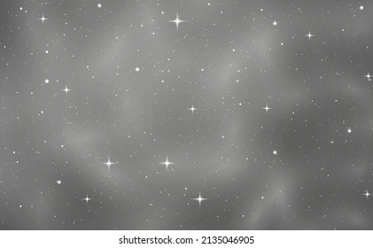 Realistic cluster of stars in space. Astrology horizontal gray star background. Bright shining light stardust in the universe. Cosmos, galaxy. Dark starry night landscape in fog. Vector illustration. 