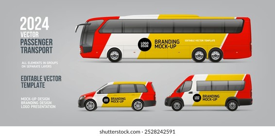 Realistic Coach Bus, passenger Van and Company Car mockup with Red and Yellow branding design. Business passenger transport with abstract brand identity. Brandind bus. Editable vector template