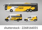 Realistic Coach Bus, Van and Car Mockup set concept. Abstract yellow and black graphics consept for Brand identity and Advertising on Passenger Bus. Editable vector template