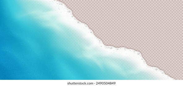 Onda costera realista y espuma sobre fondo transparente. Representación de la exótica línea de surf de playa con olas de mar con lavado de espuma en la orilla de arena