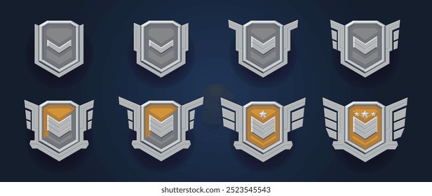 Realistic coat of arms set in flat design style. Player's evolution emblem. Polished marble vector. Rank and patents with stars.