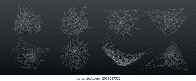 Realistic cobweb set with isolated images of grey spiders web of different shape on transparent background vector illustration