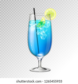 Realistic cocktail blue lagoon glass vector illustration on transparent background