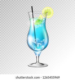 Realistic cocktail blue lagoon glass vector illustration on transparent background