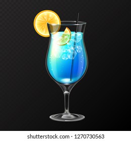 Realistic cocktail blue lagoon glass vector illustration on transparent background