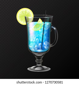 Realistic cocktail blue lagoon glass vector illustration on transparent background