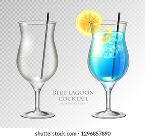 Realistic cocktail blue lagoon vector illustration on transparent background. Full and empty glass