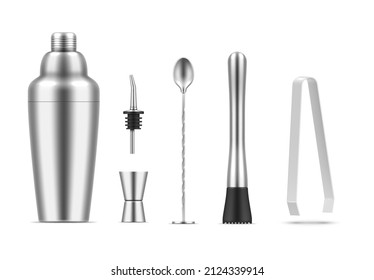 Realistic cocktail cooking metallic equipment collection vector illustration. Bartending tools shaker, stirrer, forceps and jigger isolated. Device for mixing alcohol and non alcoholic drink beverage