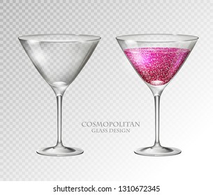 Realistic cocktail cosmopolitan vector illustration on transparent background. Full and empty glass