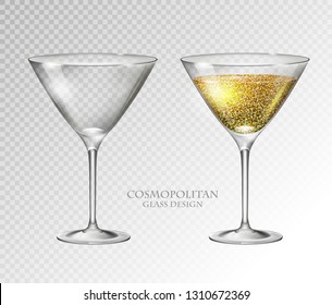 Realistic cocktail cosmopolitan vector illustration on transparent background. Full and empty glass