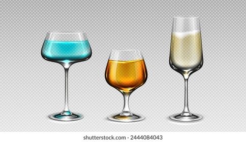 Realistic cocktail glass with alcohol drink transparent isolated vector. 3d whiskey, champagne, prosecco and wineglass illustration set. Party tableware for restaurant. Blue and orange beverage