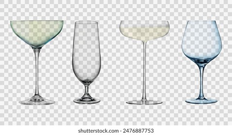 Realistic cocktail glass collection on transparent background