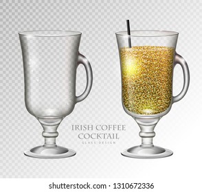 Realistic cocktail irish coffee vector illustration on transparent background. Full and empty glass