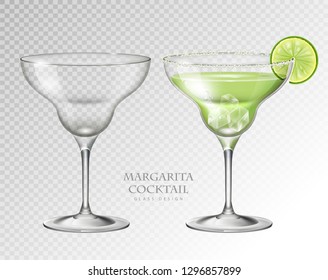 Realistic cocktail margarita vector illustration on transparent background. Full and empty glass