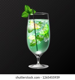 Realistic cocktail mojito glass vector illustration on transparent background