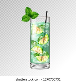 Realistic cocktail mojito glass vector illustration on transparent background