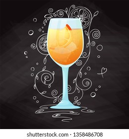 Realistic cocktail on chalk background with doodle, pattern. Vector illustration